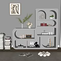 Unique White Display Shelf with Books Decorative Items Green Plants and Abstract Painting