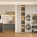 Modern Laundry Room Interior With Storage Lockers Washing Machine Dryer Sink Mirror And Wooden Floor