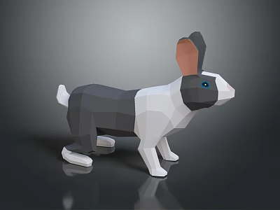 Polygonal Black And White Rabbit With Large Ears Blue Eyes On Reflective Surface 3d model