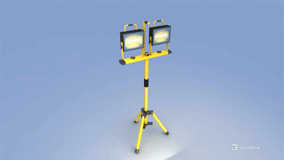Yellow Tripod Mounted Twin Head Portable Work Light With Adjustable Stand 3d model 
