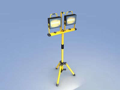 Yellow Tripod Mounted Twin Head Portable Work Light With Adjustable Stand 3d model