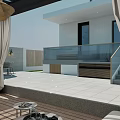 Modern White Two Story Detached Villa With Black Garage Door Green Plants And Iron Gate