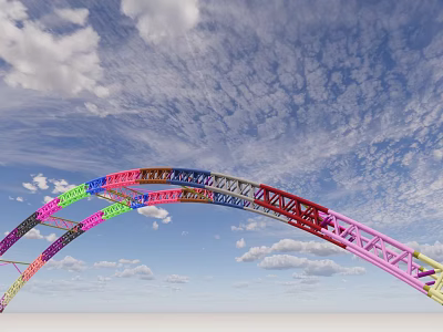 Colorful Arch Bridge with Red Pink Yellow Green Frames Against Blue Sky and White Clouds 3d model