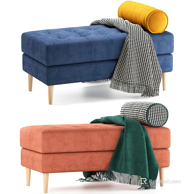 Blue and Orange Upholstered Ottoman Stools with Checkered Green Blankets and Wooden Legs 3d model 