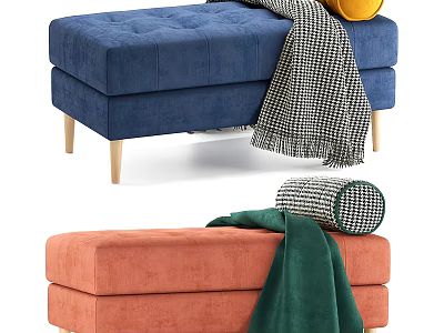 Blue and Orange Upholstered Ottoman Stools with Checkered Green Blankets and Wooden Legs 3d model