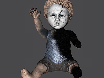 Eerie Horror Game Movie Character Doll With Cracked Face And Tattered Clothes 3d model