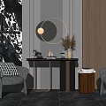 Modern Console Table Interior With Gray Chairs Checkered Cushions And Round Decorative Mirror 3d model