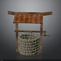 Traditional Well Structure With Red Tiled Roof Wooden Frame And Stone Brick Body