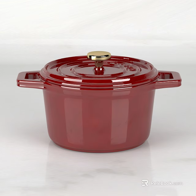 Red Enamel Cookware Pot With Gold Handle And Lid For Kitchen Cooking Use 3d model 