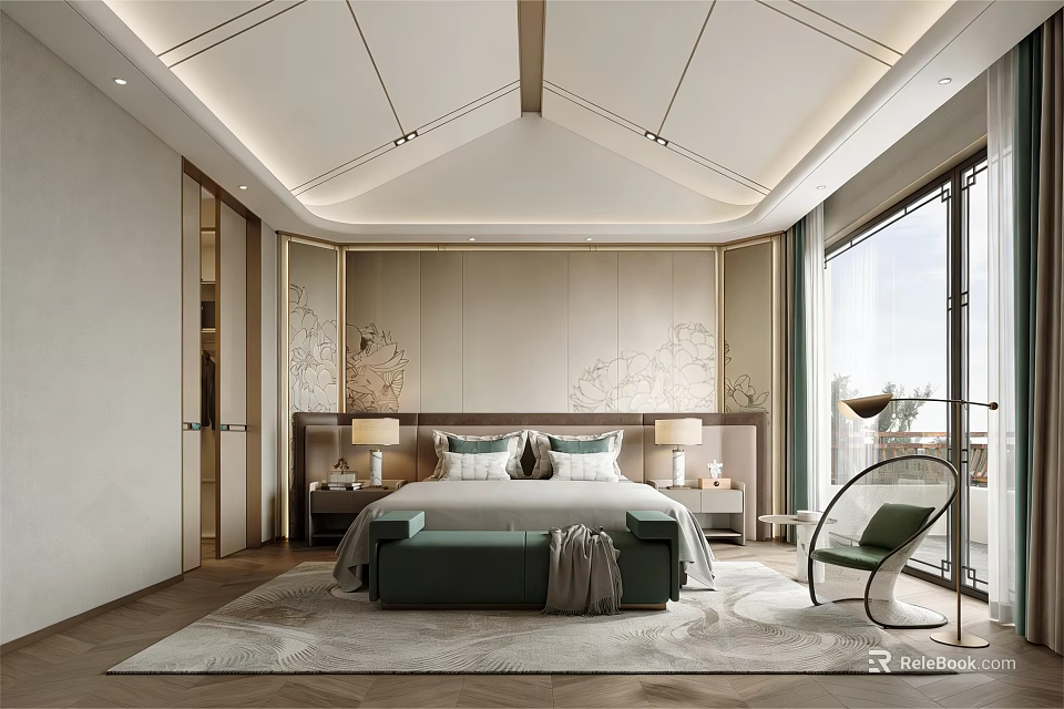 Modern Luxury Bedroom With Bed Nightstands Decorative Wall Panels Large Windows And Accent Chair 3d model 