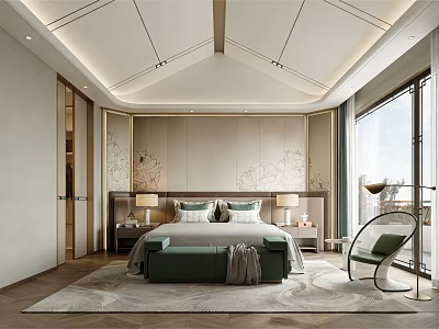 Modern Luxury Bedroom With Bed Nightstands Decorative Wall Panels Large Windows And Accent Chair 3d model