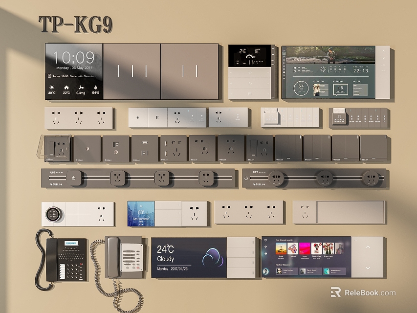 Various Modern Switch Panels With Digital Display Socket Temperature And Control Buttons 3d model 