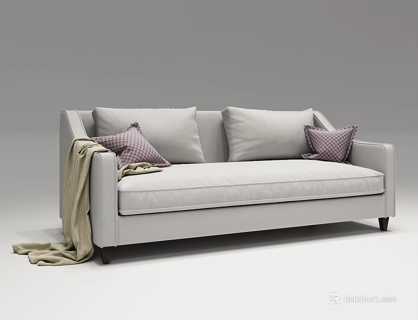 Modern Light Gray Two-Seater Sofa with Plush Pillows and Cozy Throw Blanket 3d model 