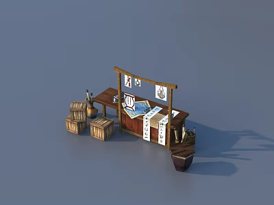 Traditional Chinese Writing Workstation With Wooden Crates Scrolls And Ink Tools 3d model