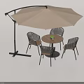 Outdoor Round Wooden Top Table with Wicker Chairs Beige Umbrella Black Frame