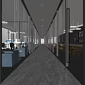 Modern Office Corridor Design With Glass Partitions And Polished Marble Flooring