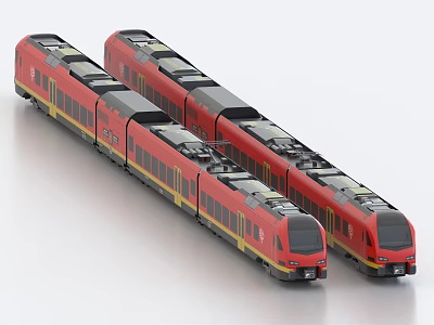 Two Red Modern Trains With Yellow Stripes Side By Side 3d model