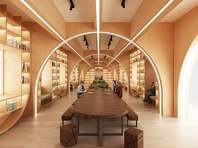 Artistic Library Interior Design With Wooden Shelves And Long Table 3d model