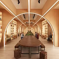 Artistic Library Interior Design With Wooden Shelves And Long Table