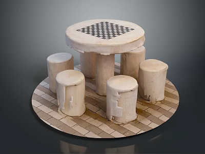 Round Dining Table With Checkerboard Top And Wooden Stools On Checkerboard Floor 3d model