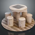 Round Dining Table With Checkerboard Top And Wooden Stools On Checkerboard Floor