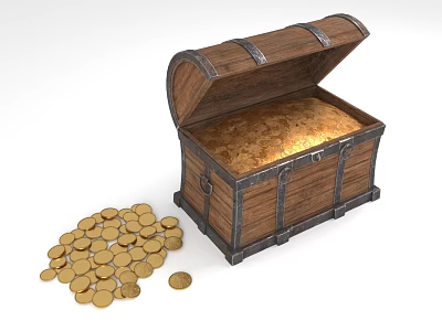 Open Old Wooden Treasure Chest Filled With Gold Coins And Scattered Gold Coins 3d model