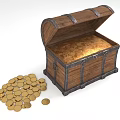 Open Old Wooden Treasure Chest Filled With Gold Coins And Scattered Gold Coins