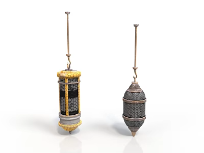 Two Decorative Hanging Lanterns Featuring Golden Accents And Mesh Patterns 3d model