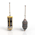 Two Decorative Hanging Lanterns Featuring Golden Accents And Mesh Patterns