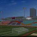 Sports Stadium With Colorful Seats Football Pitch Running Track And Floodlights