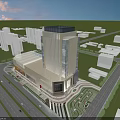 Modern High Rise Commercial Complex with Glass Facade Retail Area and Sunset Sky View