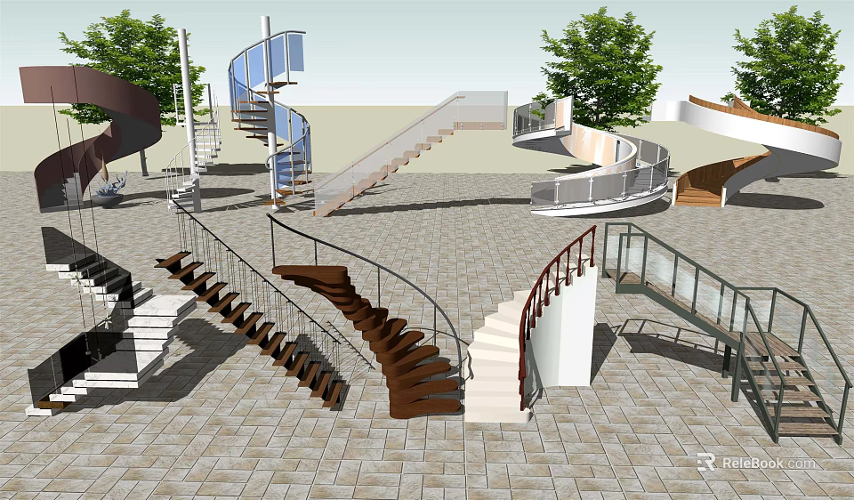 Spiral Staircase Design Ideas For Outdoor Garden With Metal And Wooden Railings 3d model 