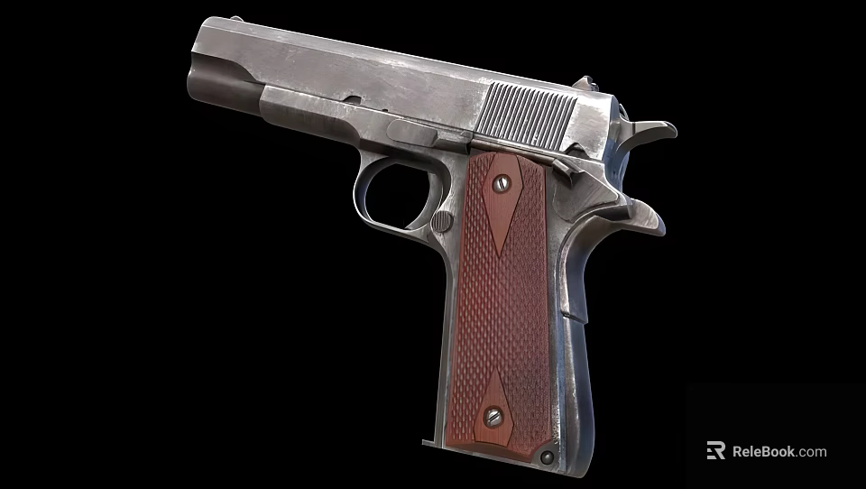 Classic Pistol with Metal Body Textured Wooden Grip and Brown Design Details 3d model 