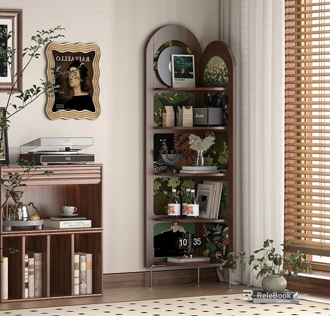 Modern Wooden Bookcase With Multilayer Shelves Displaying Books Decorative Vases And Plants 3d model 