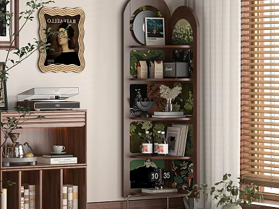 Modern Wooden Bookcase With Multilayer Shelves Displaying Books Decorative Vases And Plants 3d model