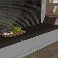 Cozy Bay Window Seat with Cushioned Surface Blinds Tray of Green Plant Fruits and Bookshelf