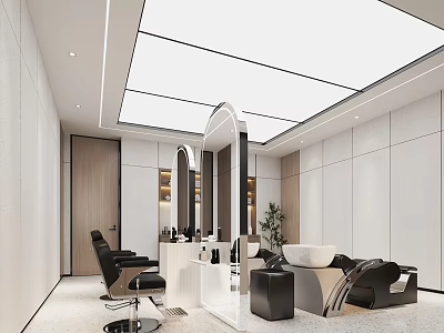 Modern Beauty Salon Interior Design With Black Salon Chairs Mirrored Workstations And Potted Plants 3d model