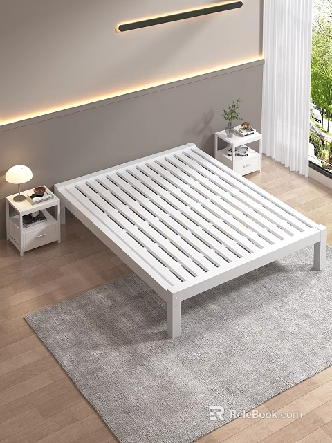 Modern Bedroom With White Slatted Wooden Bed Frame Nightstands Table Lamps Gray Rug And Plants 3d model 