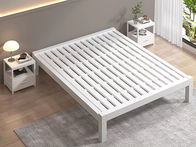 Modern Bedroom With White Slatted Wooden Bed Frame Nightstands Table Lamps Gray Rug And Plants 3d model