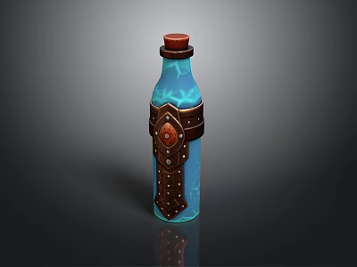 Stylish Glass Bottle With Blue Body Brown Leather Strap Metal Buckle And Red Cork Stopper 3d model