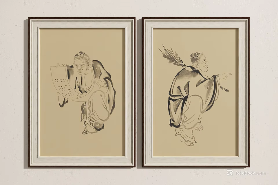 Two Framed Traditional Ink Portrait Paintings One Reading Scroll Another Holding Quill 3d model 