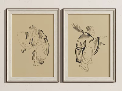 Two Framed Traditional Ink Portrait Paintings One Reading Scroll Another Holding Quill 3d model