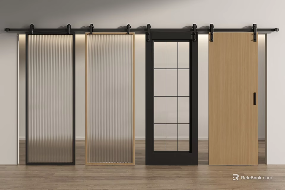 Various Barn Door Styles with Glass and Wooden Panels on Black Tracks 3d model 