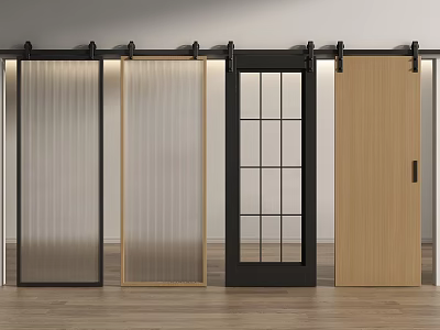 Various Barn Door Styles with Glass and Wooden Panels on Black Tracks 3d model