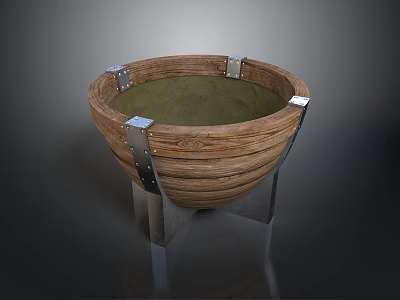 Rustic Wooden Basin With Slatted Design Green Inner Lining Metal Straps And Stand 3d model