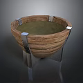 Rustic Wooden Basin With Slatted Design Green Inner Lining Metal Straps And Stand