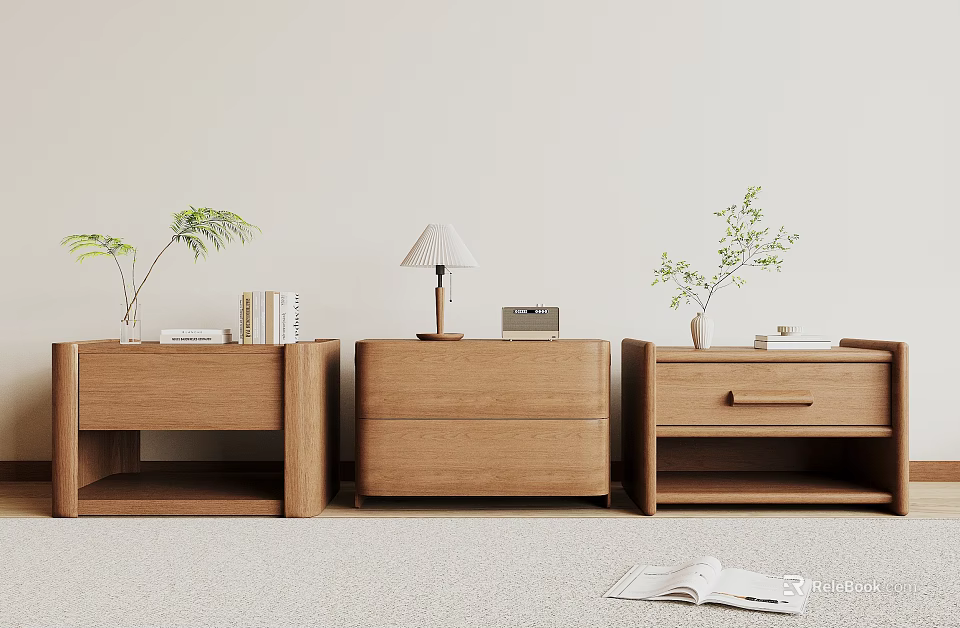 Modern Wooden Bedside Tables with Plants Lamp Books and Radio in Minimalist Bedroom Setting 3d model 