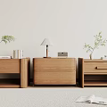 Modern Wooden Bedside Tables with Plants Lamp Books and Radio in Minimalist Bedroom Setting