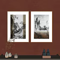Chinese Landscape Paintings Framed Wooden Frames Hanging On Wall With Mountains Trees Water Calligraphy Inscriptions Decorative Plants Nearby