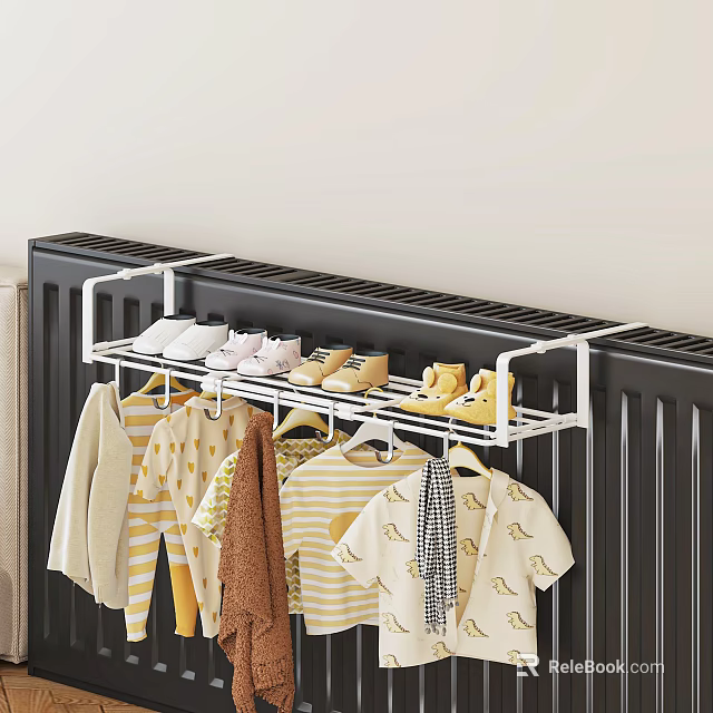 Striped Brown And White Patterned Clothes On Hanging Rack Above Black Radiator With Shoes 3d model 